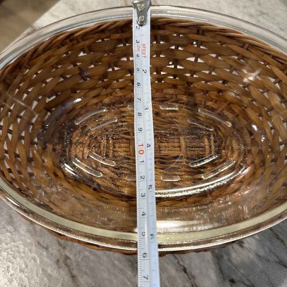 Vtg Glassbake 1 Qt Oval Casserole Dish In Wicker Basket J-235 Made In USA